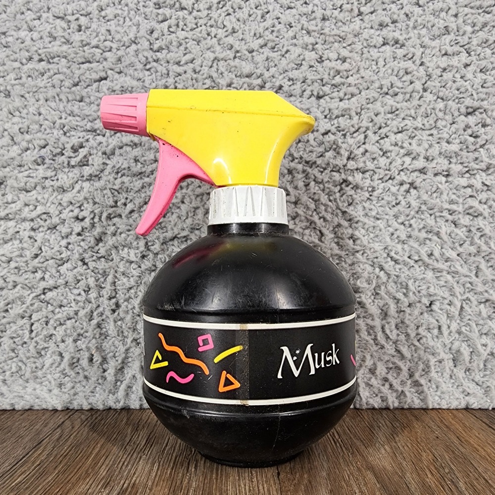 Vtg Musk Body Spray Bottle Retro 80s Memphis Style Black Pink Yellow Empty 12oz